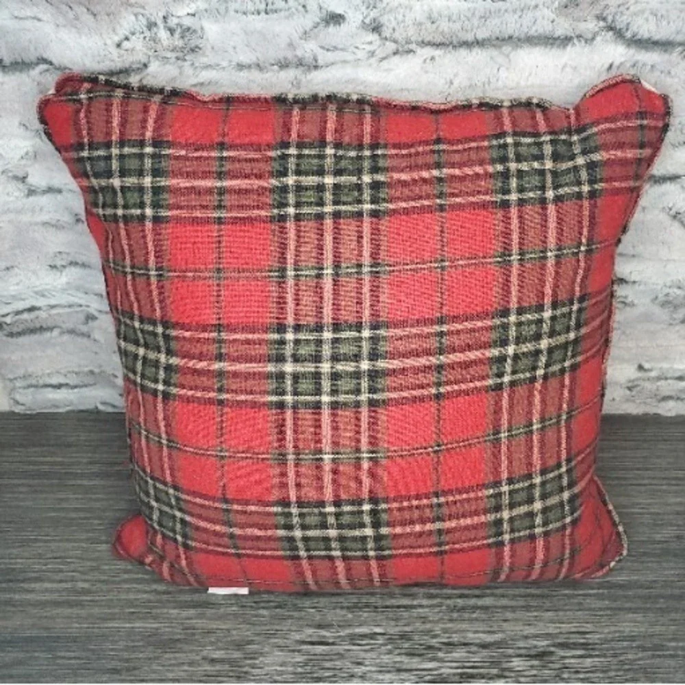 Red Felt Poinsettia Holly Merry Christmas Holiday Pillow Red Plaid Backing 16